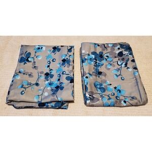 Alamode Home Blue Floral Cotton Pillowcase Set of 2 Taupe Grey Piped Standard